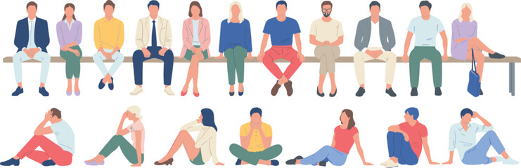 Obraz premium Diverse Group of People Sitting on Bench and Floor Wearing Casual and Formal Clothes Flat Vector Illustration Isolated on White Background Set