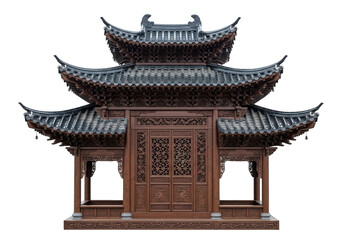 Obraz premium Traditional chinese multi-tiered temple gate with intricate wooden carvings and red roof