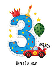 Obraz premium Playful third birthday celebration graphic with car, balloon, and festive candle vector illustration.
