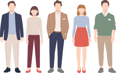 Obraz premium Set of Professional Business People Characters Wearing Smart Casual Office Attire Standing in a Row for Corporate Presentations Teamwork Concepts and Architectural Scale Figures