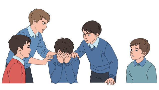 Group of school boys in uniforms providing support and comfort to their distressed classmate who is crying in classroom.