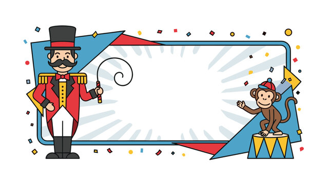Festive circus themed frame featuring ringmaster with whip and performing monkey standing on pedestal with confetti.