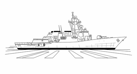 Fototapeta premium Modern Warship Silhouette - Naval Destroyer Blueprint Style