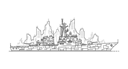 Fototapeta premium Modern Warship Silhouette Against Futuristic City Skyline, Military Technology Concept
