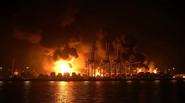 Industrial area on fire at night.