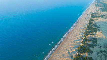 Fototapeta premium Gelemis, Turkey. Aerial view of 18 km Patara Beach stretching to horizon with sand dunes and shrubs in morning light with long shadows. Aerial View