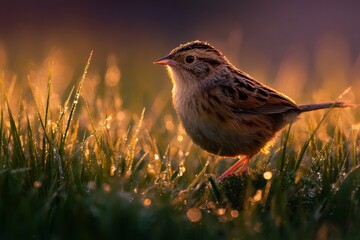 Fototapeta premium The early bird gets the worm , bird catching a worm in its mouth at sunrise in a grassy field, golden morning light