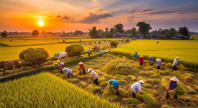 Farmers harvesting rice in golden field at sunset peaceful agricultural scene