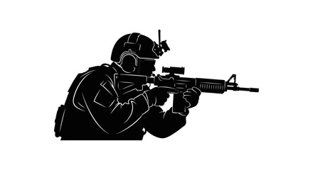 Naklejka premium Silhouette of Soldier Aiming Rifle, Tactical Gear, Military Action