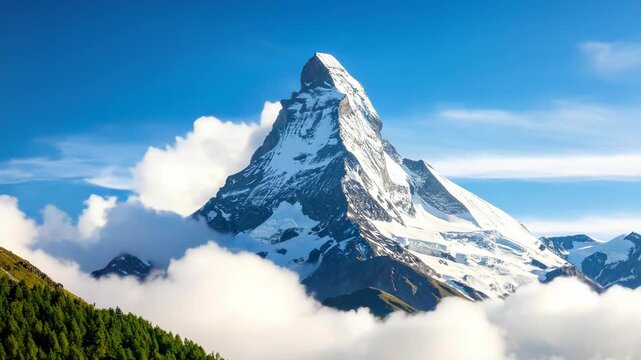 Iconic snow-capped mountain peak emerges from soft white clouds against a bright blue sky