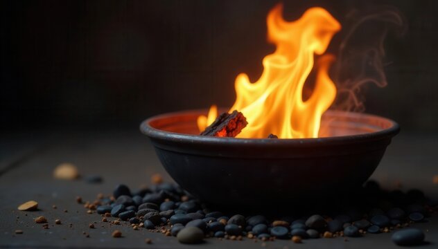 Crackling fire in a rustic fire bowl, glowing embers , firewood, cozy, wood
