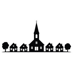 Naklejka premium Silhouette of a small town featuring a church and several houses