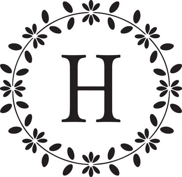 Black letter H in floral wreath black and white monogram