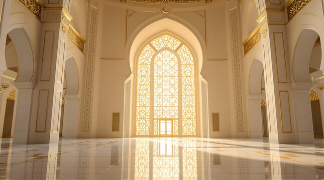 Symmetrical view of a mosque prayer hall with glowing entrance and sunlight rays, concept of enlightenment and spiritual journey in Islam, high contrast architectural photography of masjid.