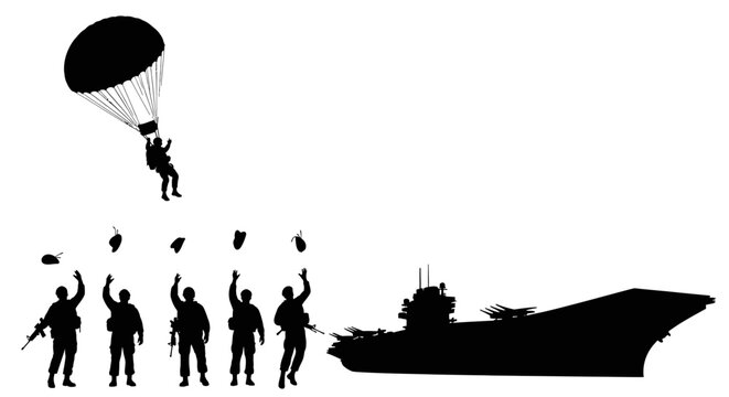 Paratrooper Jumps from Plane onto Aircraft Carrier with Soldiers Waving
