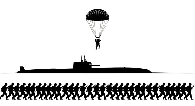Paratrooper landing near submarine with marching soldiers, military invasion concept