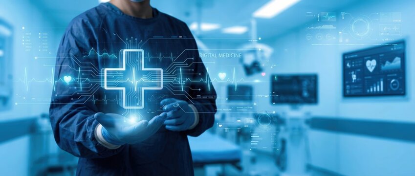 Innovative medical procedures enhancing patient care in modern healthcare facilities infographics blue and white color palette futuristic environment user-centric design