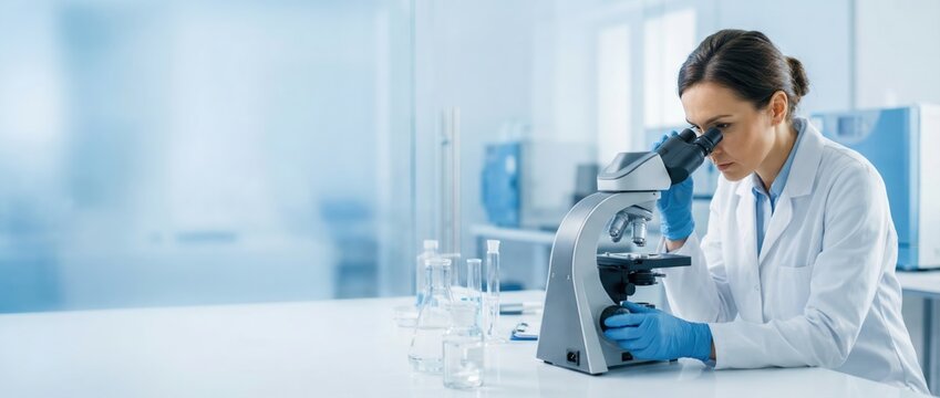 Laboratory research action by a scientist using a microscope modern science lab professional healthcare environment focused viewpoint innovation in medical research