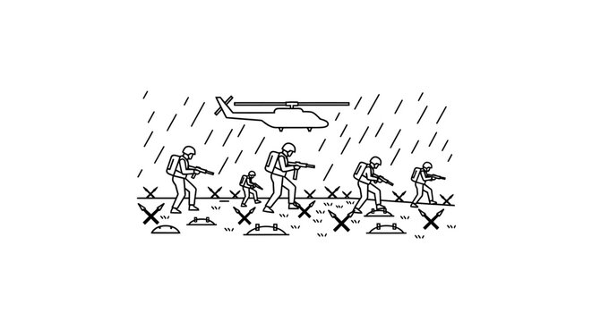 Soldiers advancing through rain and obstacles with helicopter overhead