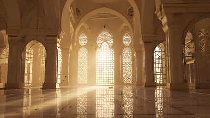 Obraz premium Rows of columns in a mosque hallway with light filtering from the side, classic Islamic architectural perspective emphasizing depth and spiritual peace, serene prayer area background.