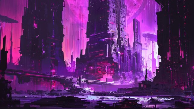 Abstract futuristic city landscape with vibrant purple and pink lighting