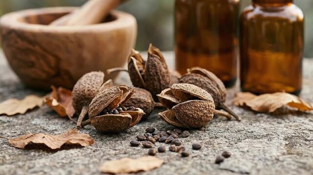 Herbal supplement seed natural medicine concept with rustic stone table wooden mortar brown bottle dried leaf pod and organic extract for calm wellness ritual holistic healing
