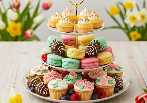Colorful Festive Spring Dessert Platter with Mini Tarts, Macarons, Cupcakes, Fresh Berries, Sweet Celebration