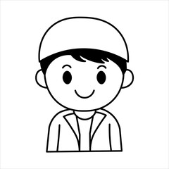 Fototapeta premium Simple black and white line art drawing of a smiling cartoon boy wearing a cap, isolated on a white background.