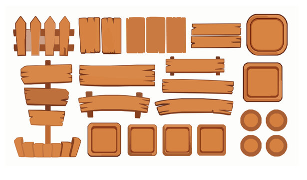 Cartoon wooden UI elements set fence planks signboard frames and buttons game assets vector
