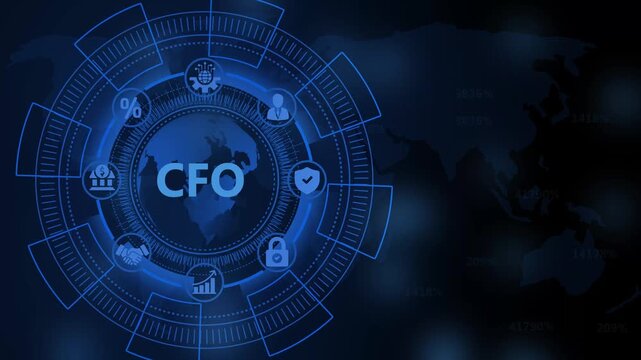 Digital CFO Concept with Global Network and Business Icons in Blue Futuristic Design finance technology
