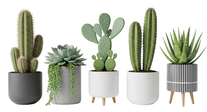 a hyper-detailed 3d render of six unique potted succulents and cacti in modern geometric planters against a transparent background, concept of modern botanical decor