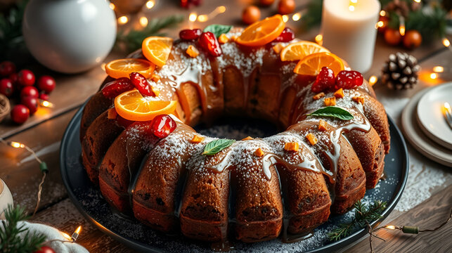 Festive christmas rosca de reyes ring cake with glazed fruit, candied citrus, and holiday lights on rustic table