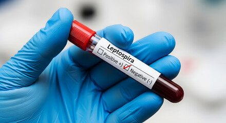 Naklejka premium Blue gloved hand holding blood test tube with negative leptospirosis result image