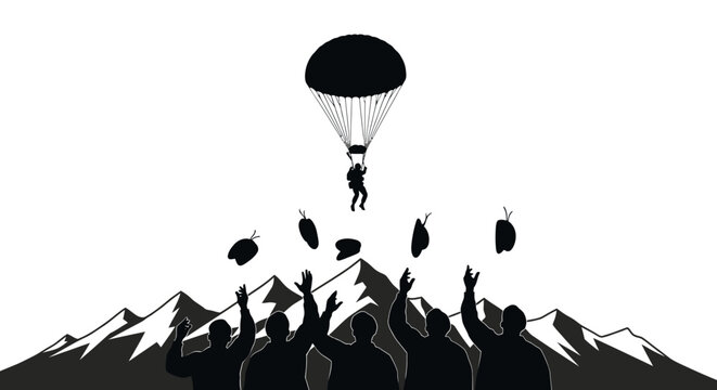 Skydiver Jumps Over Mountains, People Celebrate With Arms Raised