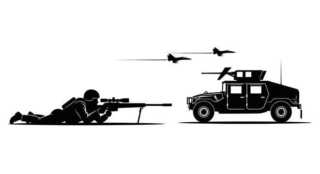 Sniper Soldier, Military Humvee, and Fighter Jets Silhouette on White Background