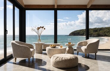 Fototapeta premium Blurred background of serene coastal living room featuring natural decor, wicker furniture, and bright light. ideal for a relaxed and inviting ambiance in your home.