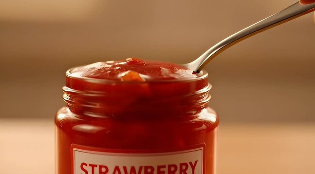 A spoonful of delicious strawberry jam being taken from a glass jar