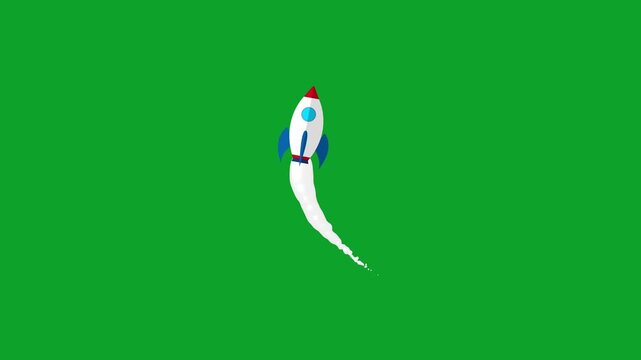 Animated rocket flying on a green background.