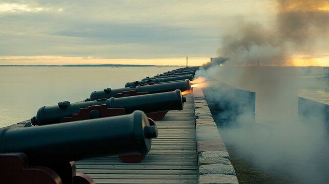 Naval cannons firing on a wooden dock at sunset