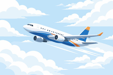 Fototapeta premium Flat vector illustration of a passenger airplane flying high in a beautiful cloudy blue sky. Commercial jet airliner soaring through the air for travel, tourism, and global transportation.