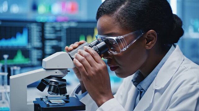 A scientist examines a sample under a microscope in a laboratory setting