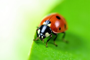 Obraz premium Close-up of ladybug on vibrant green leaf, white backdrop, element, clip art, spring