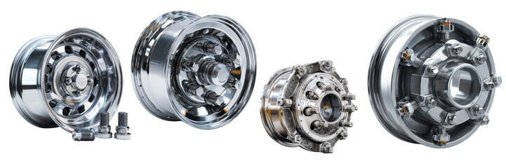 Four polished metallic truck wheels with chrome finish and detailed hub designs showcased in bright studio setting Isolated on a transparent background.