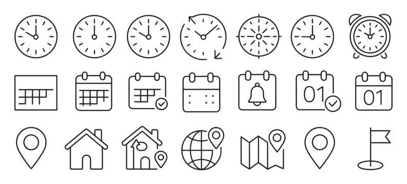 Date Address Time Line Icon, clock, calendar, and location pin symbols, delivery, meeting, office, planning, navigation, and scheduling concept, editable line vector illustration.