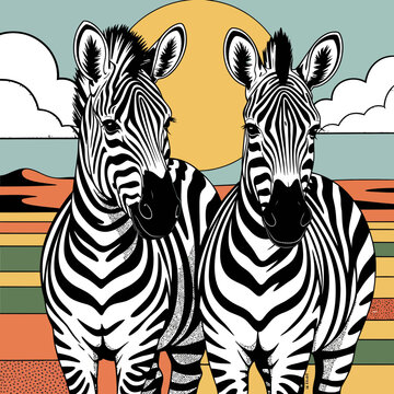 A zebra illustration of two zebras standing in a colorful landscape