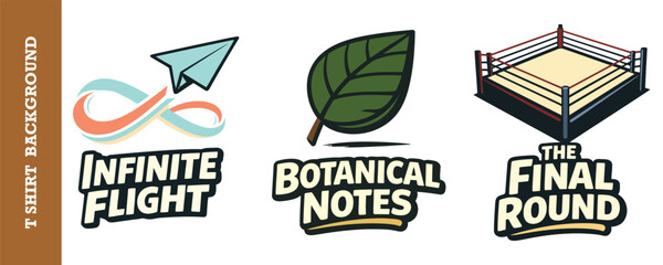Creative tshirt design concepts with vibrant logos featuring travel flight botanical and wrestling themes isolated on transparent background © jubayer95