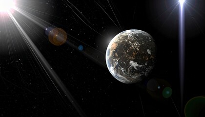 Fototapeta premium Earth in space with bright sunlight and lens flares on a dark background