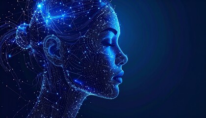 Obraz premium Digital portrait of a woman with glowing neural network overlay