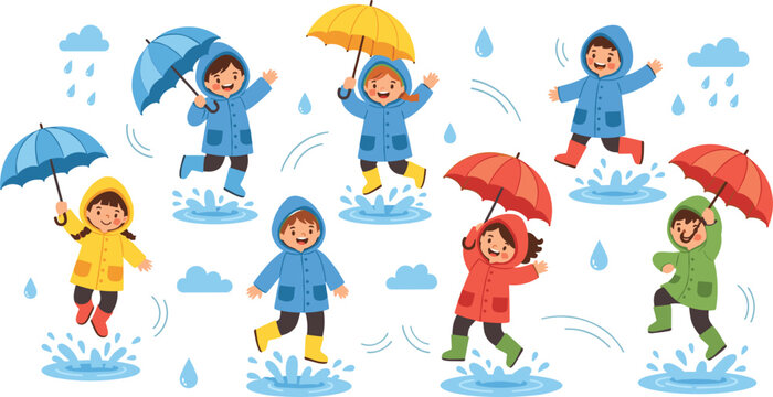 Happy kids playing in rain with umbrellas raincoats jumping in puddles rainy weather children vector illustration set