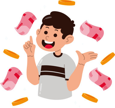 Happy Boy Receiving Profit From Money Investment